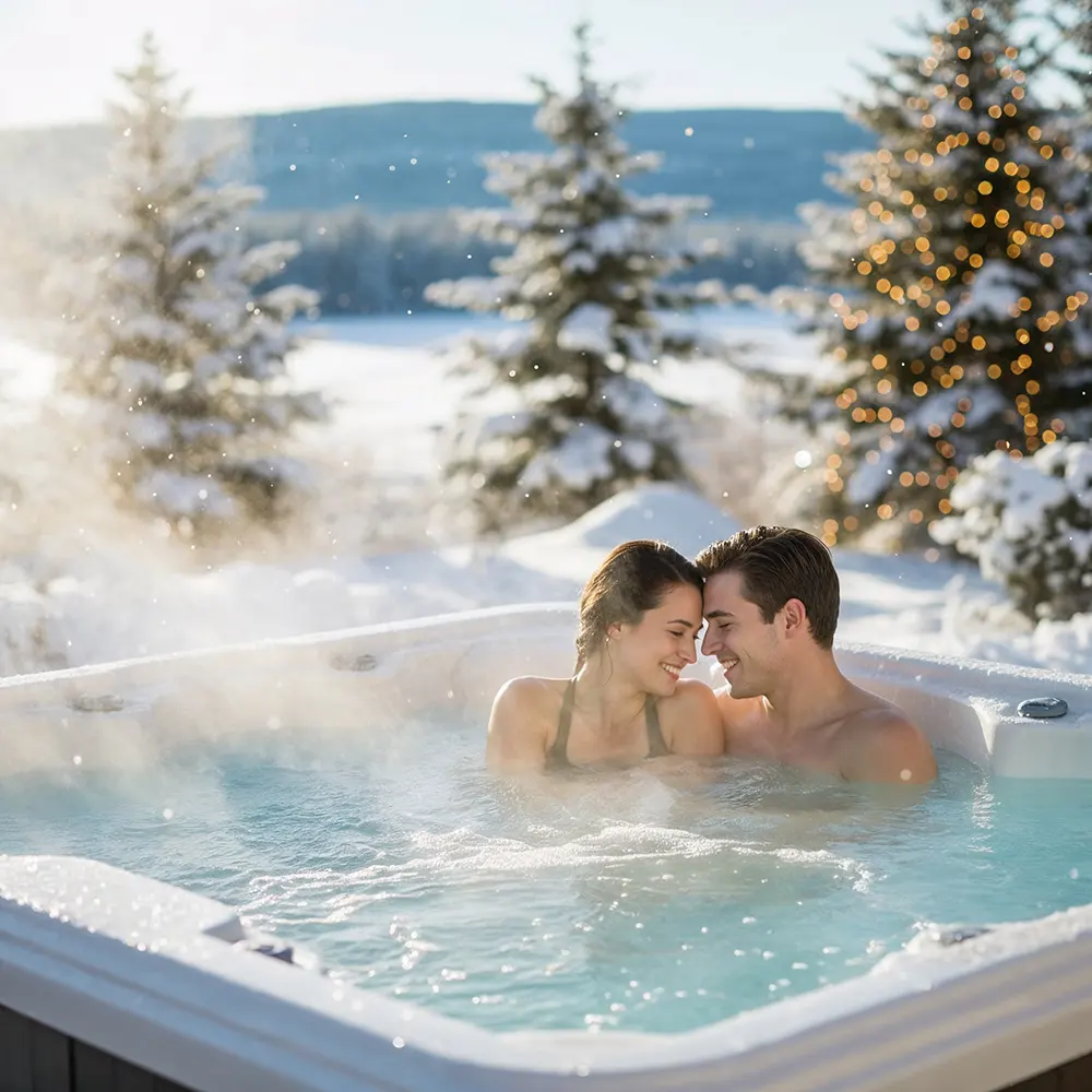 Caldera jakuzziban fürdőző pár karácsonyi hangulatban